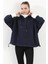 Kadın Stoperli Triko Detaylı Kapüşonlu Sweatshirt Lacivert - 5086 5