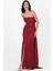 Crocina Devrik Straplez Yaka Taşlı Yırtmaçlı Uzun Abiye Elbise Bordo 3