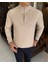 Italyan Stil Slim Fit Erkek Yarım Boğazlı Fermuarlı Triko Kazak Bej T13107 3
