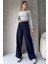 Lacivert Pantolon Kadın Yüksek Bel Ayarlanabilir Bel Bol Paça Pamuklu Günlük Stil 1
