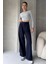 Lacivert Pantolon Kadın Yüksek Bel Ayarlanabilir Bel Bol Paça Pamuklu Günlük Stil 4