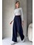 Lacivert Pantolon Kadın Yüksek Bel Ayarlanabilir Bel Bol Paça Pamuklu Günlük Stil 5