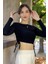 Yanlardan Büzgü Detaylı Uzun Kollu Fitilli Crop Top Bluz 3