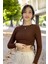 Yanlardan Büzgü Detaylı Uzun Kollu Fitilli Crop Top Bluz 2