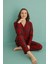 Kadın 20501-264 Uzun Kol Önü Düğmeli Süet Pijama Takımı Kırmızı-Haki 2