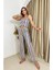 Kadın Lila Çizgili Yumuşak Kumaş Bağcıklı Pijama Takımı 4