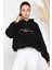 Kadın Kapüşonlu Nakışlı Şardonlu Üç Iplik Oversize Sweatshirt 1