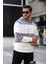 Açık Gri Beyaz Blok Parçalı Overisize Kapşonlu Üç Iplik Sweatshirt- 2316 3