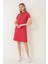 Kırmızı Kadın Polo Yaka Kısa Kollu Örme Elbise -2431 4