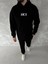 Uzun Kol Kapşonlu Göğüs Baskılı Sweatshirt - Siyah 1