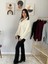 Oversize Geniş Kalıp Yarım Fermuarlı Dik Yaka Saç Örgülü Triko Kazak (Krem) 4