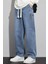 Erkek Mavi Baggy Beli Lastikli Likralı Düz Paça Bol Kesim Esnek Jean Denim Kot Pantolon RF0484 1