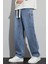 Erkek Mavi Baggy Beli Lastikli Likralı Düz Paça Bol Kesim Esnek Jean Denim Kot Pantolon RF0484 3