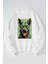 Yeşil Köpek Baskılı Kadın/erkek Beyaz Bisiklet Yaka Pamuklu Sweatshirt 1