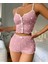 Kadın Pembe Kalpli Askılı Şortlu Pijama Takım 4