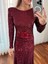 Kadın Pullu Gül Aksesuarlı Midi Bordo Elbise 4