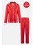 Kadın Soft Touch Kırmızı Puanlı Desenli Gömlek Yaka Uzun Kollu Pijama Takımı 1