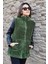 Kadın Haki Yeşil Dik Yaka Kalın Peluş Fermuarlı Yelek 24KYLKK215 1