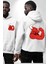 Kırmızı Boğa Maskotu Erkek Kadın Beyaz Ön Sırt Baskılı Kapüşonlu Sweatshirt Hoodie 1