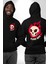 Kırmızı Ateş Kurukafa Rock Erkek Kadın Siyah Ön Sırt Baskılı Kapüşonlu Sweatshirt Hoodie 1
