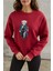 Bordo Teddy Baskılı Şardonlu Sweat 2