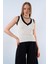 V Yaka Fitilli Iki Renkli Bluz-Body - Krem-Siyah - Standart Beden 4
