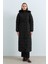 Kapşonlu Kemerli Kaz Tüyü Manto Siyah 1