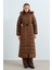 Kapşonlu Kemerli Kaz Tüyü Manto Kahve 5