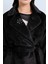 Taş Detaylı Kuşaklı Uzun Tüy Angora Kaban Siyah 2