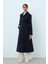 Asimetrik Yakalı Kuşaklı Kaban Lacivert 2