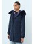 Seyyar Kürklü Kapşonlu Kapitone Kaban Lacivert 1