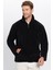Unisex Relax Fit Rahat Kesim Yarım Fermuarlı Kanguru Cepli Siyah Dik Yaka Peluş Sweatshirt 2