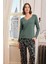 Kadın Çiçek ve Yaprak Desenli Dantelli Büyük Beden Pijama Takımı 24168BAT 4
