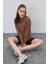 Kadın Kahverengi Eskitmeli Oversize Basic Uzun Kolu T-Shirt 1