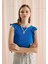 Kadın Mavi Renk Kolları Fırfırlı Sıfır Kol T-Shirt 1