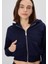 Kadın Lacivert Kapüşonlu Şardonlu Crop Sweatshirt Hırka 1