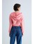 Kadın Pembe Kapüşonlu Şardonlu Crop Sweatshirt 4