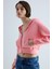 Kadın Pembe Kapüşonlu Şardonlu Crop Sweatshirt 5