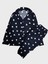Kız Çocuk Pamuklu Süet Kumaş Lacivert Kalp Desenli Gömlek Yaka Düğmeli Uzun Kollu Pijama Takımı 1