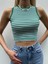 Kadın Yeşil/beyaz Çizgili Fitilli Halter Yaka Crop Top 2