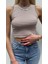 Kadın Kahve/beyaz Çizgili Fitilli Halter Yaka Crop Top 1