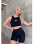 Kadın Yüksek Bel Toparlayıcı Crop ve Şort Tayt Takım Spor Slim Fit Dalgıç Kumaş 1
