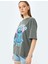 Stitch Lisanslı Baskılı Kısa Kollu Bisiklet Yaka Oversize Tişört 2