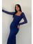 Tül Kumaş Büzgü Detaylı Kalem Elbise - Mavi 3