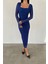 Tül Kumaş Büzgü Detaylı Kalem Elbise - Mavi 4