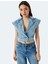 Kolsuz Kruvaze Yaka Crop Denim Düğmeli Yelek 2