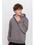Unisex Relax Fit Rahat Kesim Pamuklu İçi Polarlı Yarım Fermuarlı Gri Kapüşonlu Sweatshirt 1
