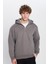 Unisex Relax Fit Rahat Kesim Pamuklu İçi Polarlı Yarım Fermuarlı Gri Kapüşonlu Sweatshirt 4