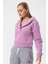 V Yaka Kapüşonlu Uzun Kollu Crop Fit Kadın Sweatshirt Hoodie 1