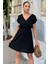 Kadın Siyah Sırt Dekolteli, Kruvaze Yaka, Beli Lastikli, Kısa Kollu, Rahat Midi Keten Elbise 1